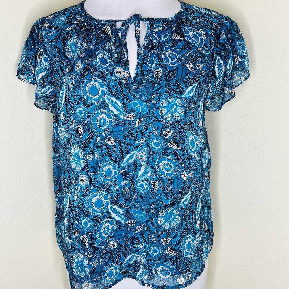 Joie Blue Floral Tie-Neck Blouse
